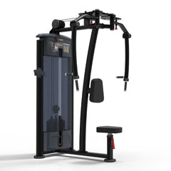 Gym machine with a black frame and gray panels on a white background